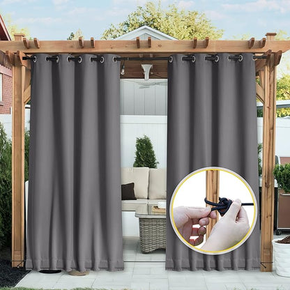 NICETOWN 2 Panels Weighted Blackout Curtains for Patio Waterproof, Grommet & Back Tab on Top & Bottom Windproof Blackout Outdoor Curtains for Porch with Bouns Rope for Fixed, Grey, W52 x L84