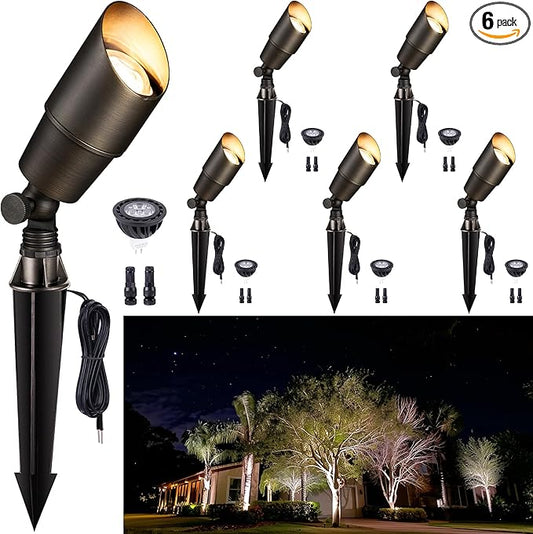 Gardenreet Solid Brass Spot Lights - Low Voltage Landscape Spotlight Outdoor, 12V LED Uplights Wired Waterproof, Electric Bronze for Patio Wall with 4000K Bright White MR16 Bulb (6 Pack)