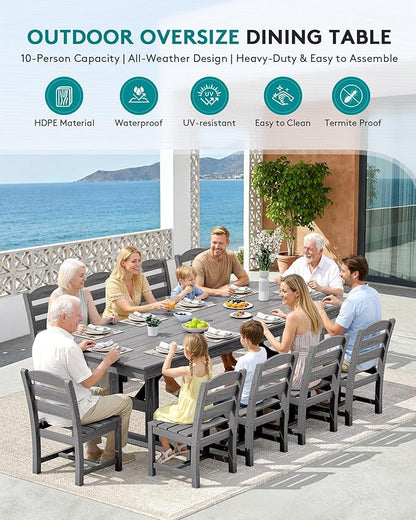 SERWALL Outdoor Dining Table, 84" Rectangular Dining Table for 6-10 Person, All Weather HDPE Outdoor Furniture for Backyard, Garden, Gray