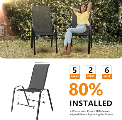VINGLI Patio Chairs Set of 8 – Stackable Outdoor Dining Chairs with Comfortable Sling High Back Chairs and Armrests for Lawn, Poolside, Courtyard, Balcony, Garden, Black