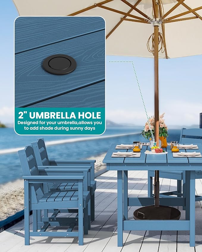 SERWALL Patio Table Set, Outdoor HDPE Dining Furniture with Umbrella Hole, All Weather for Lawn, Garden, Backyard, Poolside, Blue | with Umbrella Hole, All Weather, for Lawn, for Garden, for Backyard, for Poolside