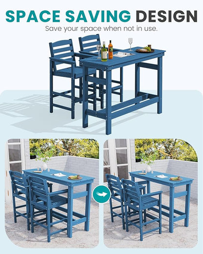 SERWALL Outdoor Bar Set - 4 Adirondack Bar Chairs & Bar Height Table with 1.6" Umbrella Hole, All-Weather HDPE Patio Furniture for Poolside, Backyard, Garden - Blue