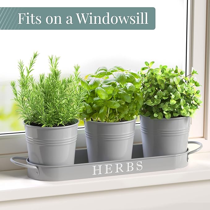 Barnyard Designs Indoor Herb Garden Planter Set with Tray, Metal Windowsill Plant Pots with Drainage for Outdoor or Indoor Plants, Set/3 (Cool Grey)