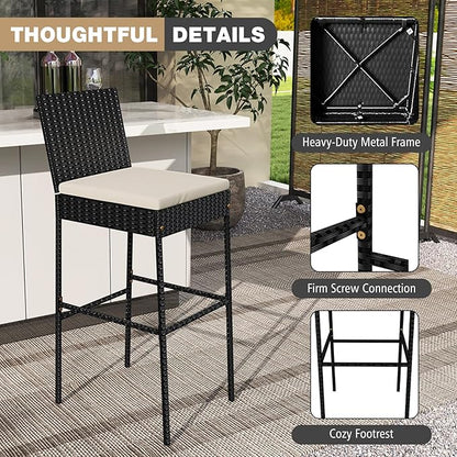 HAPPYGRILL Wicker Patio Barstools Set of 2, Outdoor Rattan Bar Chairs with Footrest & Backrest, Armless High Top Chairs with Seat Cushions for Backyard, Balcony