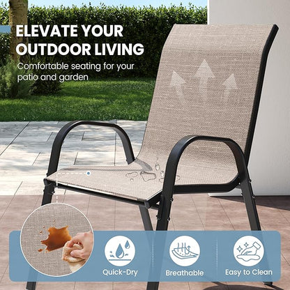 Patio Dining Chairs Set of 4, Stackable Dining Chairs High Back, Breathable Seat Fabric and Alloy Steel Frame for Backyard, Porch, Garden, Sunroom (Light Brown)