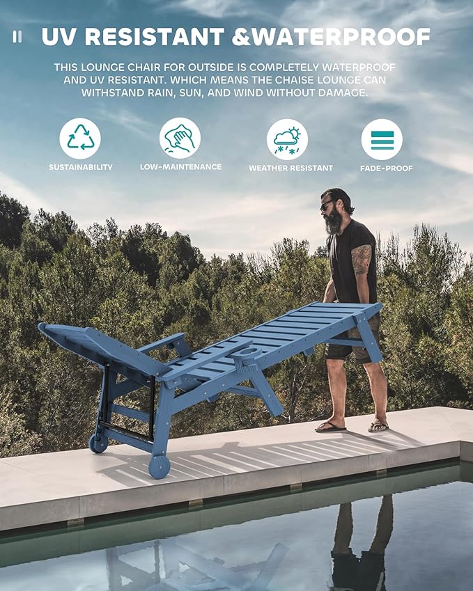 SERWALL Patio Chaise Lounge Chair Set of 2, 78'' Long 5-Positions Adjustable HDPE Outdoor Lounger for Pool, Poly Lounge Chair with Rolling Wheels & Cup Holder for Poolside, Deck, Blue