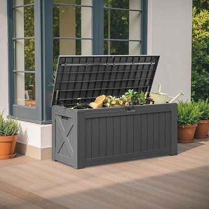 Flamaker Resin Deck Box 120 Gallon Waterproof Large Outdoor Indoor Storage Box Imitation Wood Resin for Patio Furniture Garden Tools and Pool (Gray)