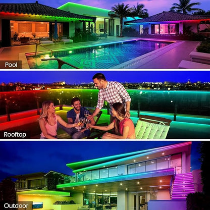Outdoor LED Strip Lights Waterproof,IP68 Outside Led Light Strips Waterproof with Bluetooth App Remote Control,Music Sync RGB Exterior Led Rope Lights,for Balcony,Deck,Roof,Garden,Pool (200FT Outdoor)