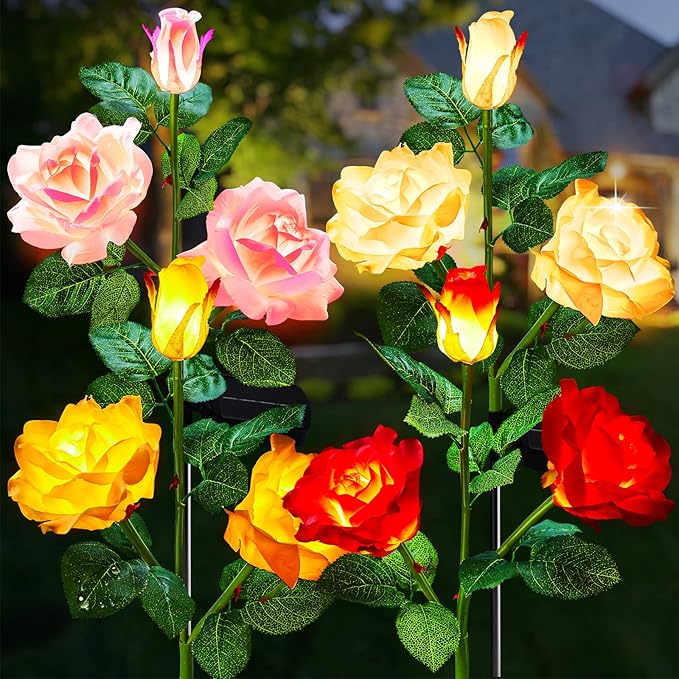 Brightown Outdoor Solar Garden Lights - 4 Pack LED Flower Lights with Realistic Rose, Bigger Solar Panel, Waterproof for Yard & Patio Decorations