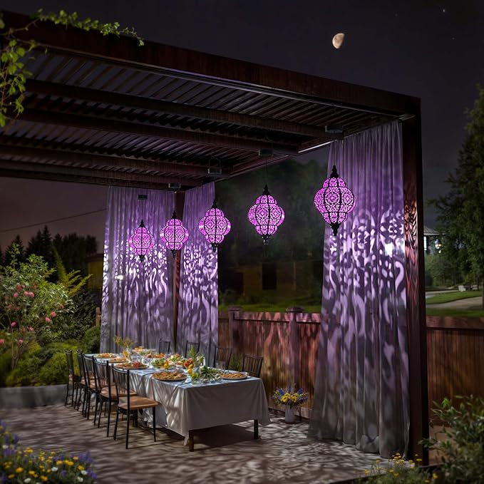 Hanging Solar Lights Outdoor Garden Decor Solar Lantern Waterproof Plastic Moroccan Outdoor Decorations for Patio Pathway Yard Backyard Garden Decorative (2, Purple)