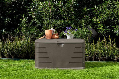 Rubbermaid Medium Resin Outdoor Storage Deck Box (73 Gal), Weather Resistant, Brown, Deck Organization for Home/Backyard/Pool Chemicals/Toys/Garden Tools/Porch/Patio Cushions