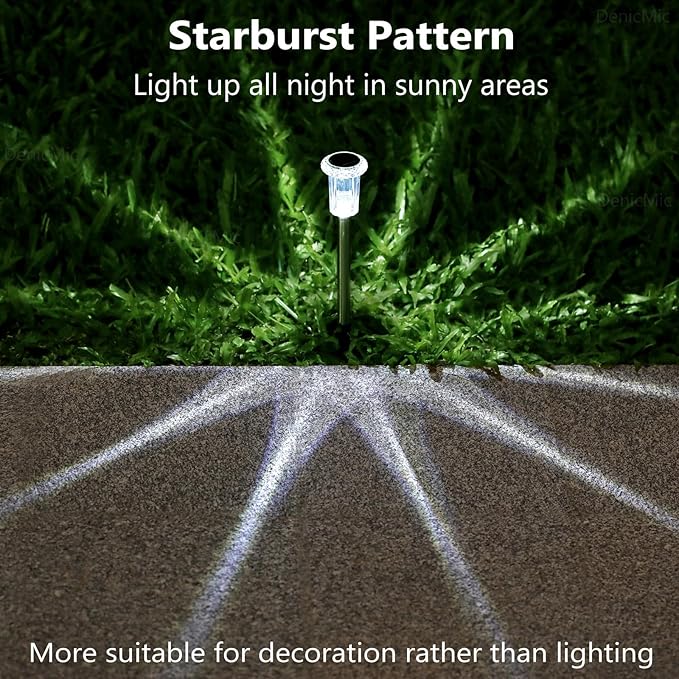 DenicMic Solar Lights Outdoor 10 Pack Waterproof 6000K Cold White LED Stainless Steel Stake Outside Lights for Yard Pathway Garden Driveway Walkway Landscape Path Lighting
