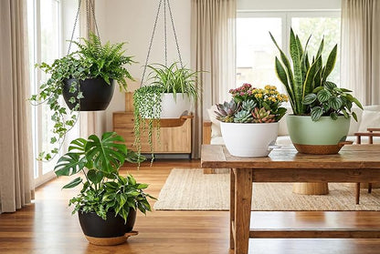 Hanging Planters, 3-Pack 10 Inch Self-Watering Pots with Drainage Holes and Chains, Matte Plastic Planters for Indoor/Outdoor Plant（Green Brown）