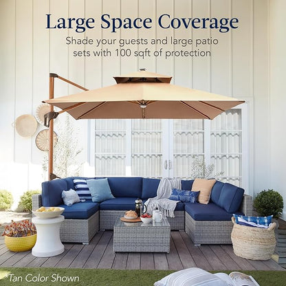 Best Choice Products 10ft Square Cantilever Patio Umbrella w/Base Included, Woodgrain Pattern Pole & Solar LED Lights, 360-Rotation, Offset Hanging Outdoor Shade - Gray