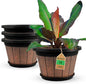 Quarut Large 4 Pack 16 inch Plant Pots,Whiskey Barrel Planters with Drainage Holes & Saucer,Plastic Decoration Flower Pots Retro Design,Planters for Outdoor Indoor Garden Balcony Plants (Brown)