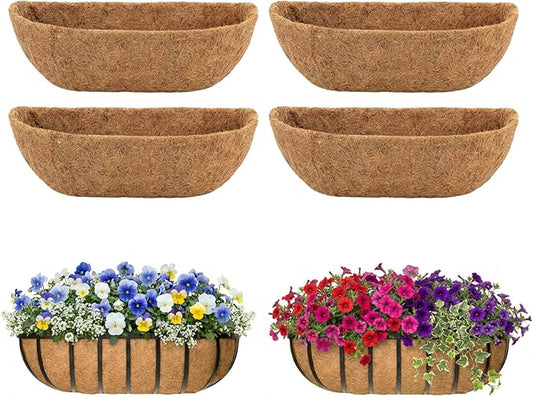 4 Pcs 24 Inch Trough Coco Liner for Window Box, 100% Natural Half Moon Coconut Coir Planter, Replaceable Coconut Fiber Liner for Window Boxes & Fence Flower Baskets (4, 24 inch)