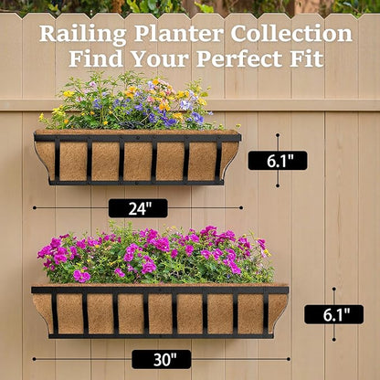 Railing Planter Boxes, Heavy Duty Window Box Planters, Adjustable Balcony Planters for Railing Hanging, with Coco Liner & Support Rod for Deck, Porch, and Patio Gardening (3 Pack, 30 Inch)