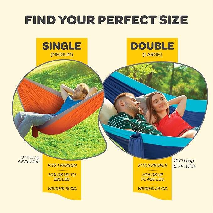 Durable Hammock 500 lb Capacity, Nylon Camping Hammock Chair - Double or Single Sizes w/Tree Straps and Attached Carry Bag - Portable for Travel/Backpacking/Beach/Backyard (Large, Red & Dark Grey)