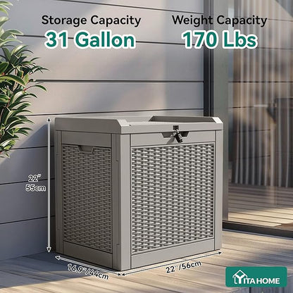 YITAHOME 32 Gallon Deck Box, Resin Storage with Lockable Lid & Side Handles, Indoor Outdoor Small Container for Patio Cushion, Garden Pool Accessories, Backyard Furniture, Water Resistant