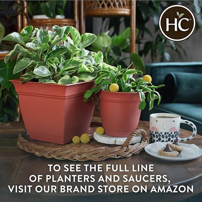 The HC Companies 12 Inch Eclipse Square Planter Pots with Drainage Holes & Attached Saucer, Lightweight UV-Resistant Plastic Indoor Outdoor Planters, 2-Pack Flower Pots for Garden & Home Decor, Rose