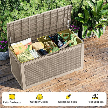 DRATO 320 Gallon Deck Box, Outdoor Large Waterproof Resin Storage Box with Lockable Lid for Patio Cushions, Gardening Tools（Gray，320 Gallon）