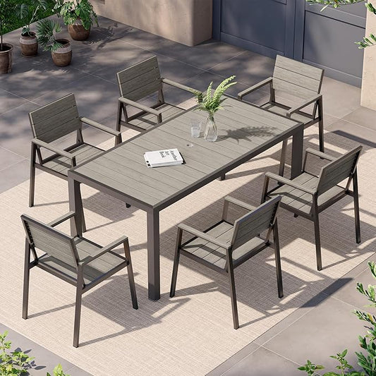 7-Piece Outdoor Dining Set, Aluminum Dining Table Set for 6, Patio Table and Chairs Set with Umbrella Hole, All Weather HDPS Outdoor Table and Chairs for 6 (Gray)