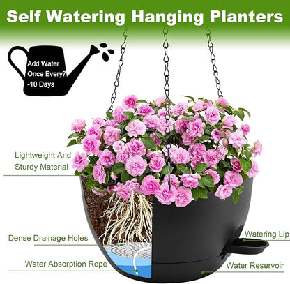 10 inch Hanging Planters for Indoor Plants, 3 Pack Self-Watering Hanging Planter Pots with Chain and Drainage Holes, Outdoor Plastic Hanging Baskets for Garden Home Decor (Black, 3pcs/10inch)