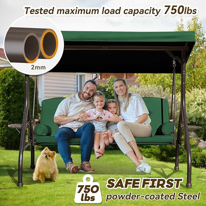 3 in 1 Patio Swing with Adjustable Canopy for Adults, 3 Seat Outdoor Swing with Thickened Cushions,Pillows & Cup Holders for Backyard, Porch, Garden (Green)