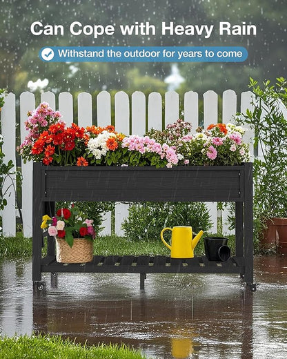 YEFU Raised Garden Bed with Legs: 57x18x30in Weight Capacity 400lb - Waterproof Raised Planter Box with Wheels - Elevated Garden Bed with Storage Shelf - Weather Resistant - for Deck/Patio/Porch/Black