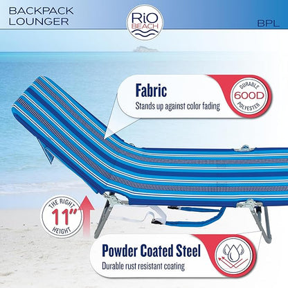 Rio Beach Portable Lay Flat Folding Backpack Beach Lounge Chair with Backpack Straps and Storage Pouch, Blue Stripe