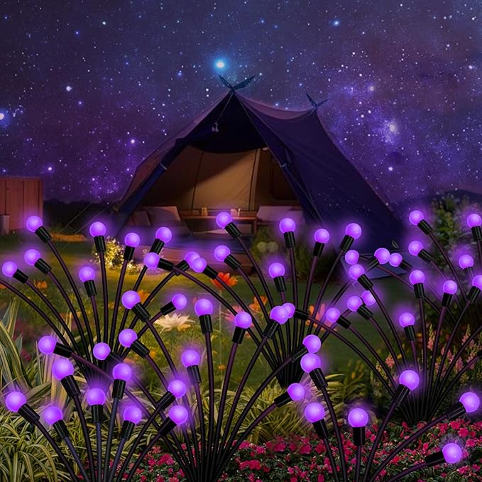 Solar Garden Lights Outdoor, 2 Pack 20 LED Solar Purple Firefly Lights Waterproof, Starburst Wind Swaying Light for Outside Yard Patio Planter Flower Bed Walkway Halloween Christmas Decoration