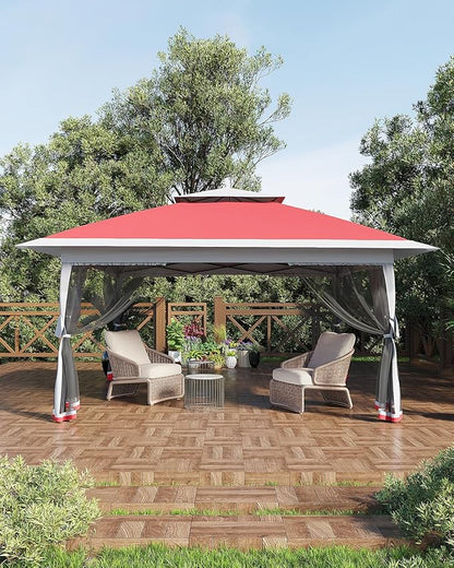 Canopy Tent 13x13 ft, Pop Up Gazebo One-Push Setup with 4 SandBags for Backyard Parties and BBQs, Mosquito Netting & Height Adjustable - Red
