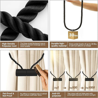 Hion Magnetic Curtain Tiebacks Black 6 Pack, Curtain Tiebacks Buckles Holdbacks Holders Hooks Clip for Home Bedroom Office Decorative Thick or Thin Curtain