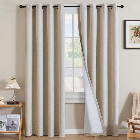 H.VERSAILTEX Linen Curtains 100% Blackout Curtains for Bedroom 108 inch Long Full Light Blocking Nature Linen Blended Window Curtains for Living Room Nickel Grommet (2 Panels, Heathered Natural)