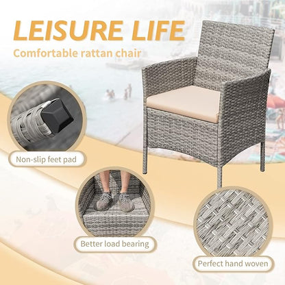 Greesum 3 Pieces Patio Furniture Sets Outdoor PE Rattan Wicker Chairs with Soft Cushion and Glass Coffee Table for Garden Backyard Porch Poolside, Gray and Beige