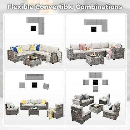 ovios 6 Pieces Patio Furniture Set, Outdoor Wicker Sectional Sofa with Glass Table Comfy Cushions, Modern Modular Deep Seat Couch Rattan Conversation Set, Beige