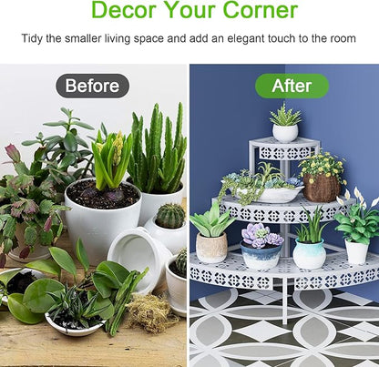 3 Tier Plant Stand Semi-Circular Flower Pot Organizer Rack Quarter Round Plant Display Holder Outdoor Storage Shelves Metal Corner Shelf Planter Shelving Ladder Plant Stand for Indoor Use(White)