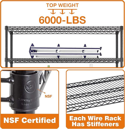 BestOffice Storage Shelves 6 Tier Metal Shelves Adjustable Heavy Duty Garage Shelving Wire Shelving Unit Capacity 6000LBS with Wheels for Kitchen, Garage Pantry Closet Commercial,Black