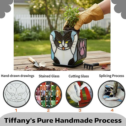 Stained Glass Black Cat Planter, Succulent Pot with Drainage, Indoor Plant Container, Decorative Pencil Holder, Teacher Gift