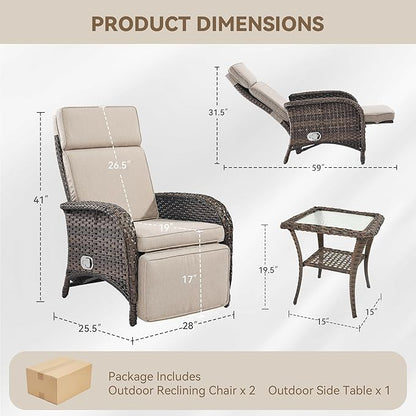 3 Pieces Zero Gravity Wicker Patio Recliner Chairs Set of 2 - Wicker Outdoor Lounge Chair with Side Table, Adjustable Backrest & Footrest, High Back Outdoor Recliner Chair for Pool Deck Beige