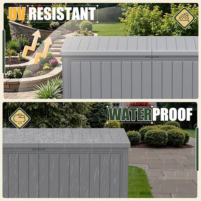 JUMMICO 270 Gallon Outdoor Storage Deck Box with Divider, Double Wall Storage Box with Lockable Lid for Garden Tools, Pools Supplies (Gray)