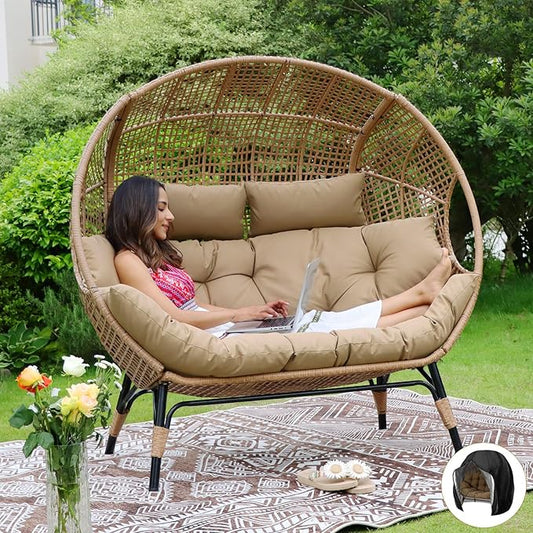 NICESOUL® Double Egg Chair Indoor Outdoor Stationary Oversized 6.5" Thick Padded Cushions,2 Person Wicker Egg Loveseat Chair,680 lbs Extra Wide Lounge Chair for Patio Balcony Porch Brown with Cover