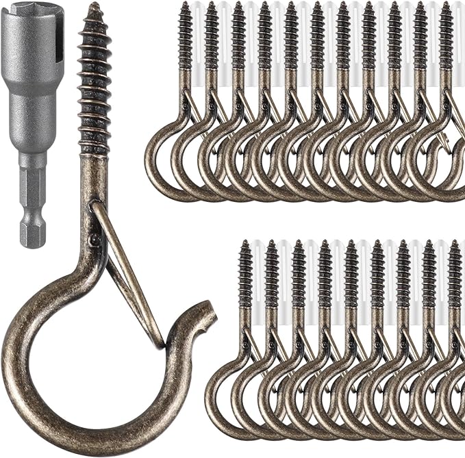48 PCS Q-Hanger Hooks, Screw Hooks for Outdoor String Lights, Safety Buckle Design Cup Eye Hook for Hanging Christmas Lights, Plants, Mounted on Wall Ceiling, Include 1 Wing Nut Driver, Copper