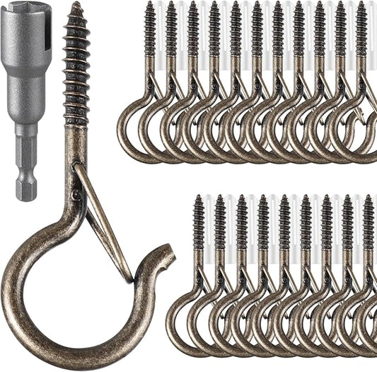 24 PCS Q-Hanger Hooks, Screw Hooks for Outdoor String Lights, Safety Buckle Design Cup Eye Hook for Hanging Christmas Lights, Plants, Mounted on Wall Ceiling, Include 1 Wing Nut Driver, Copper