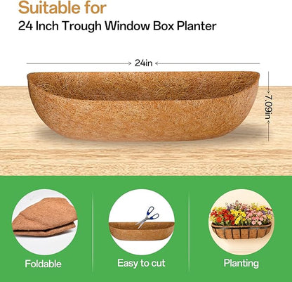 ZeeDix 24 Inch Trough Coconut Liners for Planters (2-Pack) - 100% Natural Coconut Coir Fiber Planter Liners Replacement for Window Boxes, Wall Baskets, Deck Flower Boxes, Garden Railing Fence Troughs