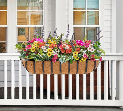 Y&M 2pcs 24 Inch Window Deck with Coco Liner, 24" Window Boxes Horse Trough with Coconut Coir Liner, Black Metal Hanging Flower Planter Window Basket Deck Railing Planter Boxes for Outdoor Indoor