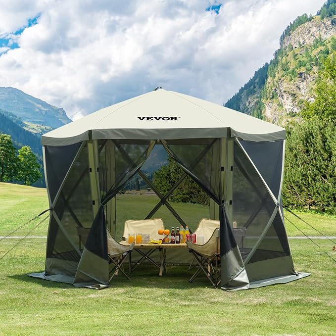 VEVOR Pop Up Gazebo Screen Tent 6 Sided Canopy Sun Shelter with 6 Removable Privacy Wind Cloths & Mesh Windows, 10x10FT Quick Set Screen Tent with Mosquito Netting, Army Green