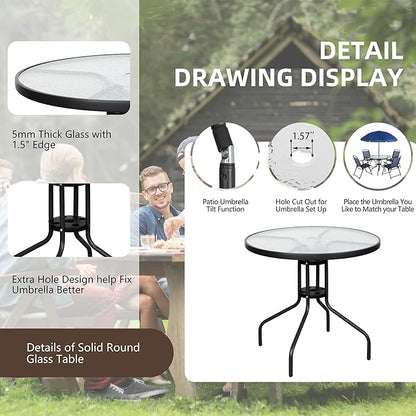 Vongrasig 6 Pieces Folding Patio Dining Set, All Weather Small Metal Outdoor Table and Chair Set, Garden Patio Furniture Set w/Umbrella, Glass Table & 4 Folding Chairs for Lawn, Backyard, Blue