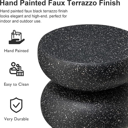 Glitzhome Outdoor Side Table, 18" H Decorative Garden Stool MGO Faux Terrazzo End Table, Heavy Duty Indoor Outdoor Round Planter Stand for Living Room Bedroom Patio Deck Poolside,Black