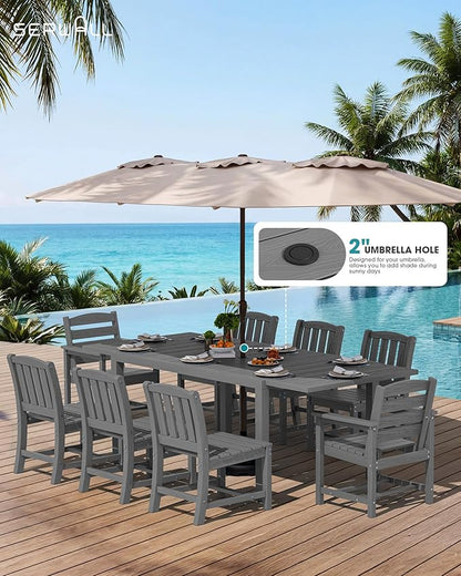 SERWALL 11-Piece Outdoor Dining Set, 60" - 83" Expandable Outdoor Dining Table and 10 HDPE Chairs, All Weather HDPE Outdoor Furniture Set for Backyard, Garden, Grey